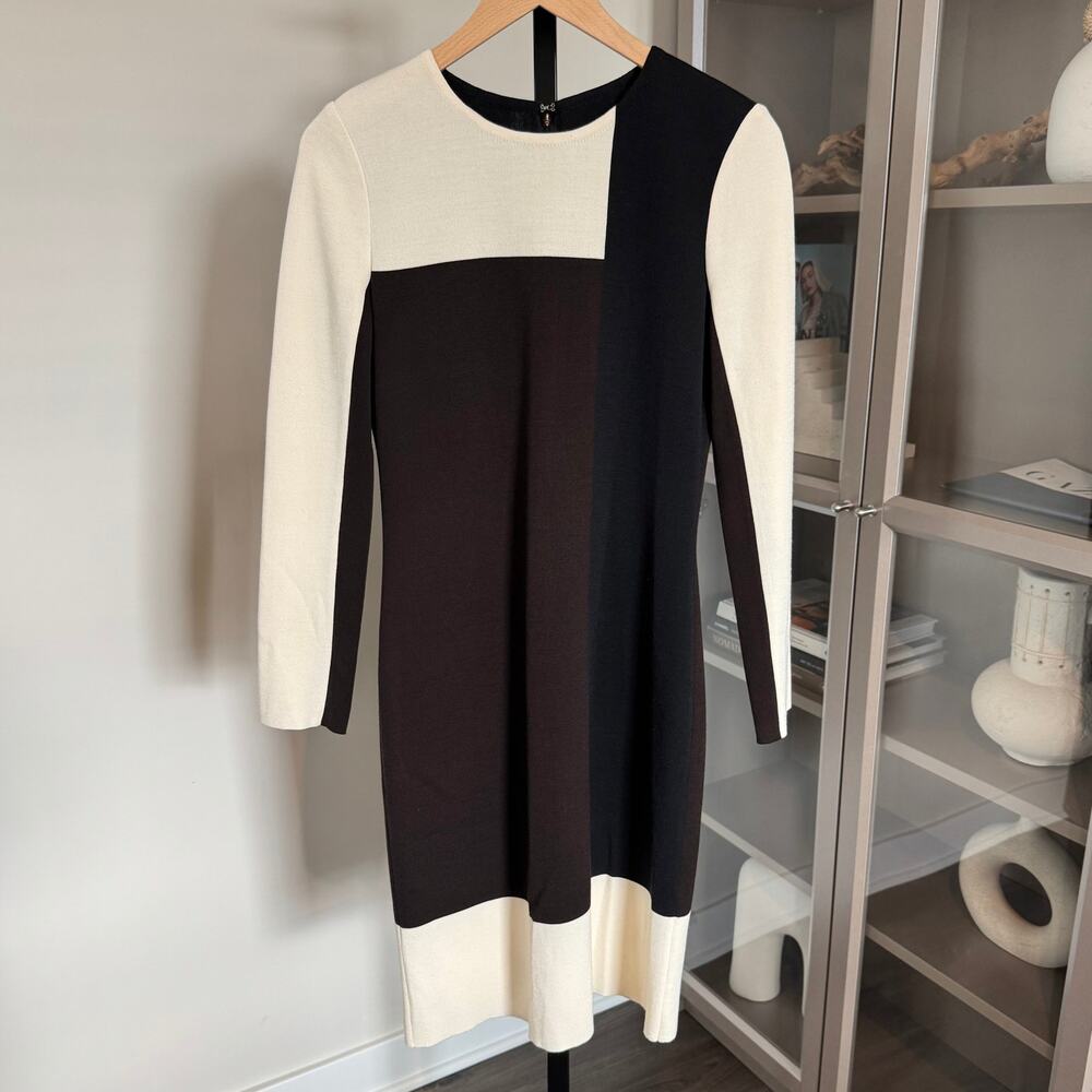 St. John Colorblock Knit Dress Nordstrom Ivory Black Brown Sheath Wool Size 4